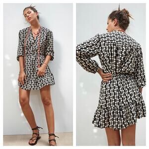 Zara Black Cream Mini Dress XS Abstract Print Ruffle Hemline 3/4th Puff Sleeves